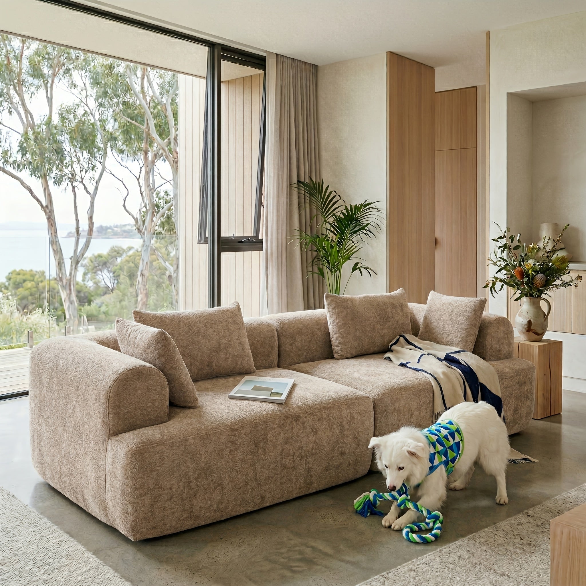 A Contemporary 96-Inch Sofa Without Bones That Offers a Cloud-Like Comfort, Featuring Soft Seating with High Resilience. It Can Be Easily Combined And Rearranged, Made from Skin-Friendly Fabric, Delivered Compressed