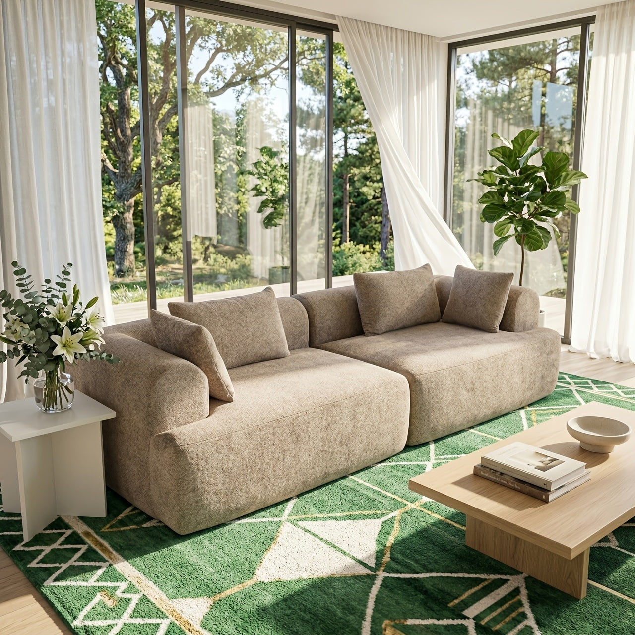 A Contemporary 96-Inch Sofa Without Bones That Offers a Cloud-Like Comfort, Featuring Soft Seating with High Resilience. It Can Be Easily Combined And Rearranged, Made from Skin-Friendly Fabric, Delivered Compressed