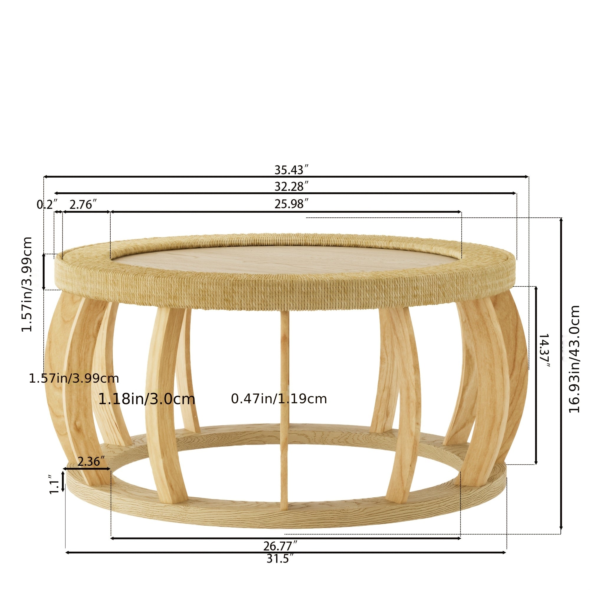 35.43” Vintage Boho Round Coffee Table Suitable for Living Room, Solid Wood & Engineered Wood with Curved Legs, Space-Saving Low-Profile Center Table, Natural, Assembly for Bedroom, Apartment, Rustic Decor