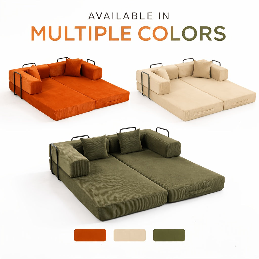 Includes 2 Free Cushions 76.38 Inch 10pcs Convertible Compression Sofa Bed, Modular Corduroy Floor Couch, Foldable Sleeper Sofa In A Box, Suitable for Living Room, Bedroom And Apartment.
