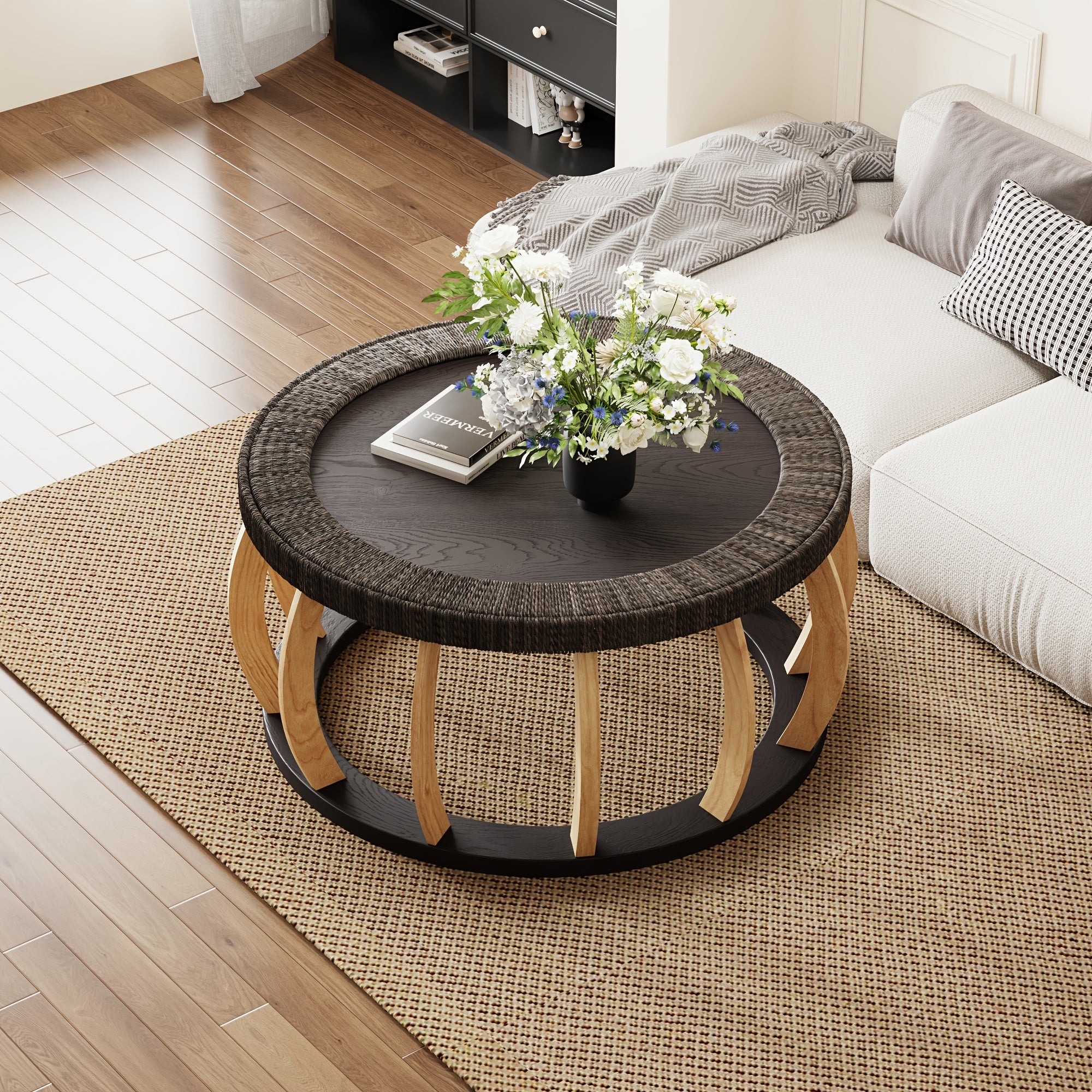 35.43” Vintage Boho Round Coffee Table Suitable for Living Room, Solid Wood & Engineered Wood with Curved Legs, Space-Saving Low-Profile Center Table, Natural, Assembly for Bedroom, Apartment, Rustic Decor