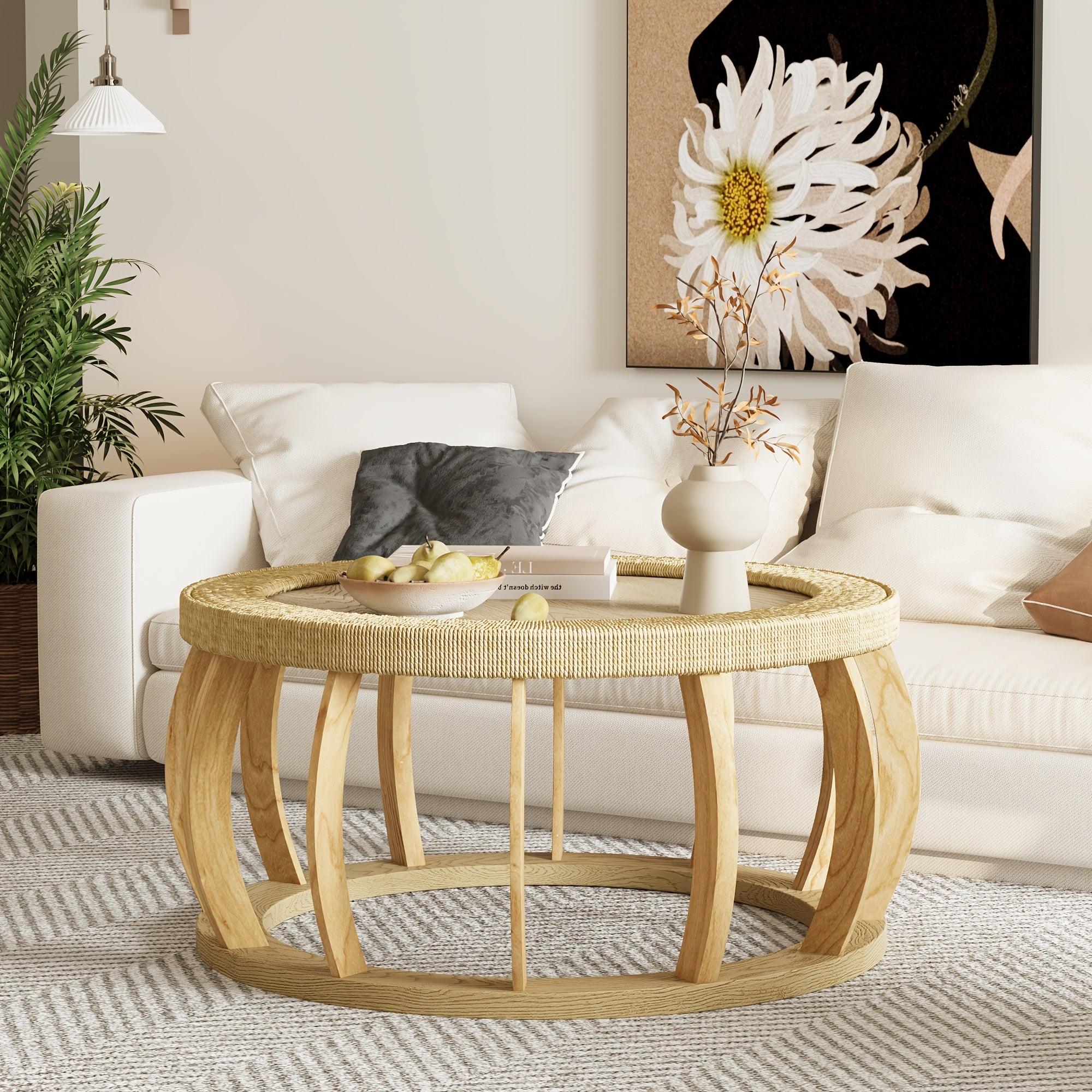 35.43” Vintage Boho Round Coffee Table Suitable for Living Room, Solid Wood & Engineered Wood with Curved Legs, Space-Saving Low-Profile Center Table, Natural, Assembly for Bedroom, Apartment, Rustic Decor