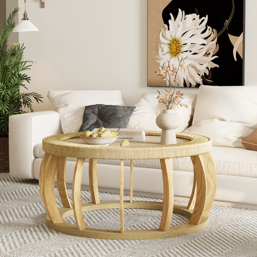35.43” Vintage Boho Round Coffee Table Suitable for Living Room, Solid Wood & Engineered Wood with Curved Legs, Space-Saving Low-Profile Center Table, Natural, Assembly for Bedroom, Apartment, Rustic Decor