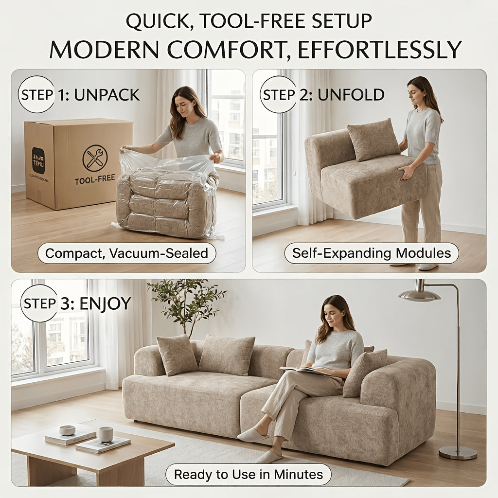 A Contemporary 96-Inch Sofa Without Bones That Offers a Cloud-Like Comfort, Featuring Soft Seating with High Resilience. It Can Be Easily Combined And Rearranged, Made from Skin-Friendly Fabric, Delivered Compressed