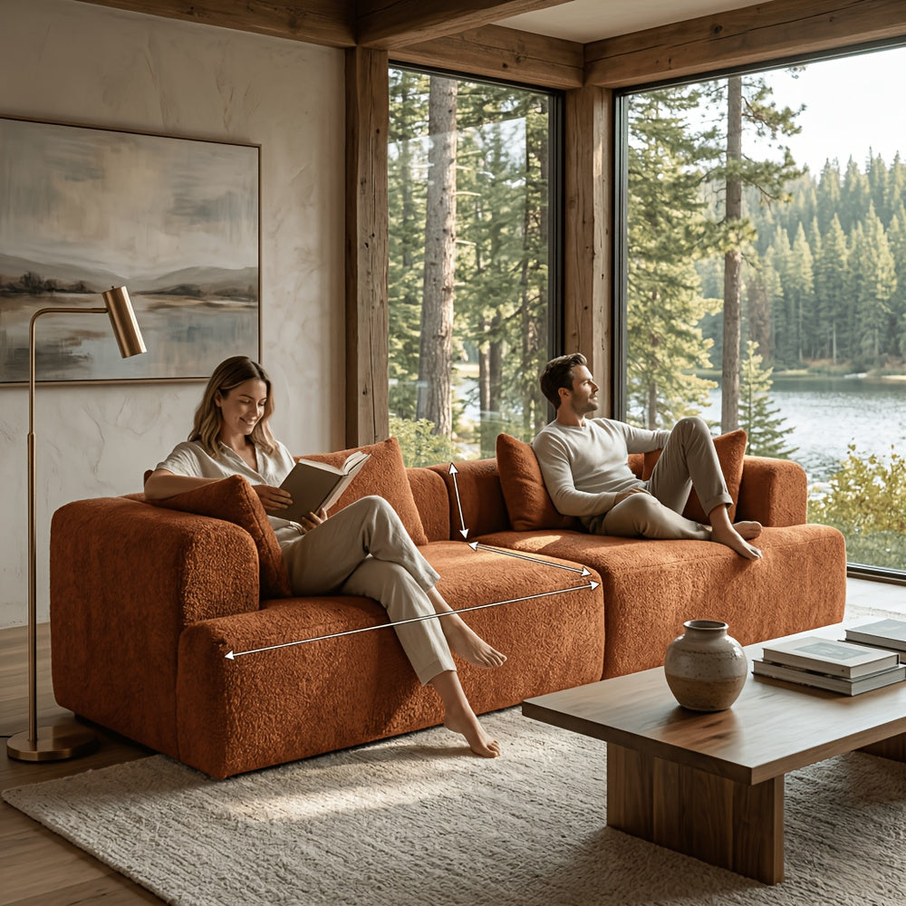 A Contemporary 96-Inch Sofa Without Bones That Offers a Cloud-Like Comfort, Featuring Soft Seating with High Resilience. It Can Be Easily Combined And Rearranged, Made from Skin-Friendly Fabric, Delivered Compressed