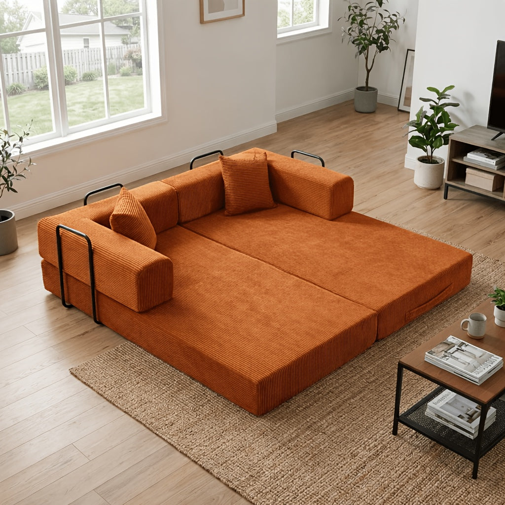 Includes 2 Free Cushions 76.38 Inch 10pcs Convertible Compression Sofa Bed, Modular Corduroy Floor Couch, Foldable Sleeper Sofa In A Box, Suitable for Living Room, Bedroom And Apartment.
