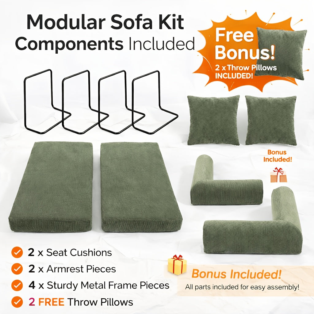 Includes 2 Free Cushions 76.38 Inch 10pcs Convertible Compression Sofa Bed, Modular Corduroy Floor Couch, Foldable Sleeper Sofa In A Box, Suitable for Living Room, Bedroom And Apartment.