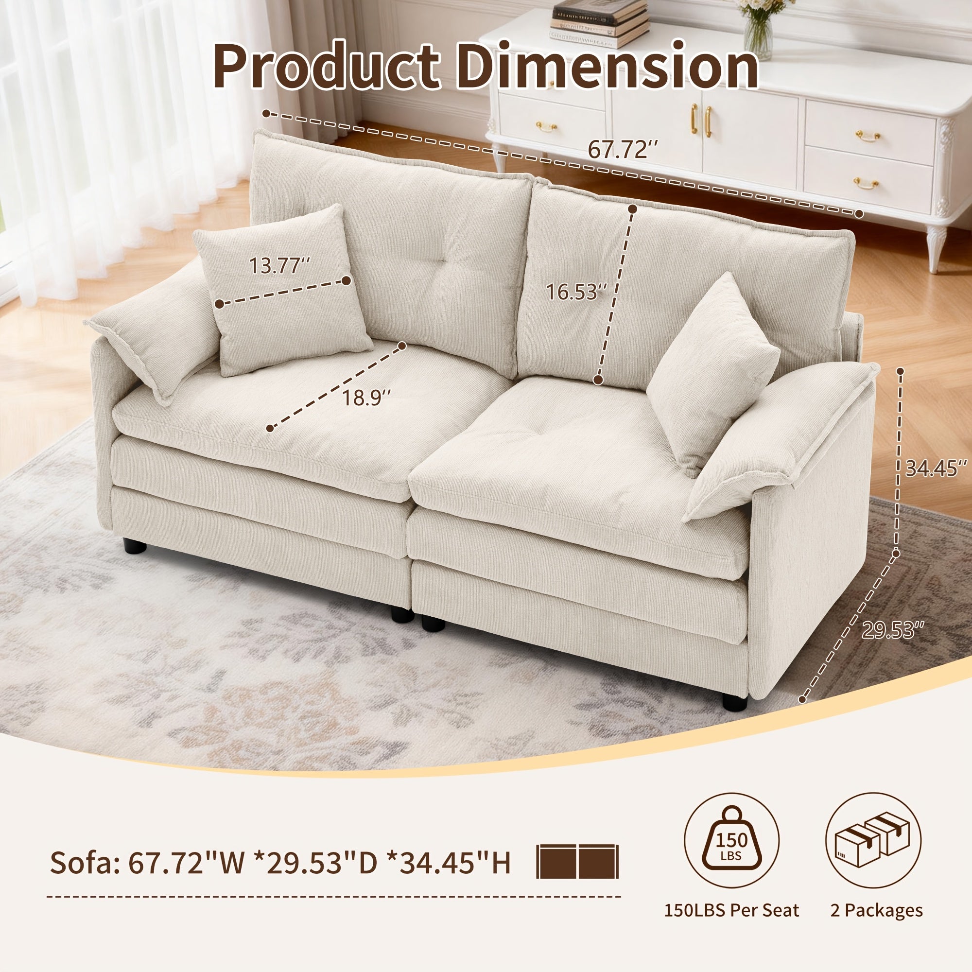 67.72-Inch Modern Two-Seater Sofa, Chenille Upholstered Comfortable Sofa, Suitable for Living Room, Bedroom, And Office, Modern Minimalist Furniture, Includes Soft Throw Pillows, Couch for Living Room