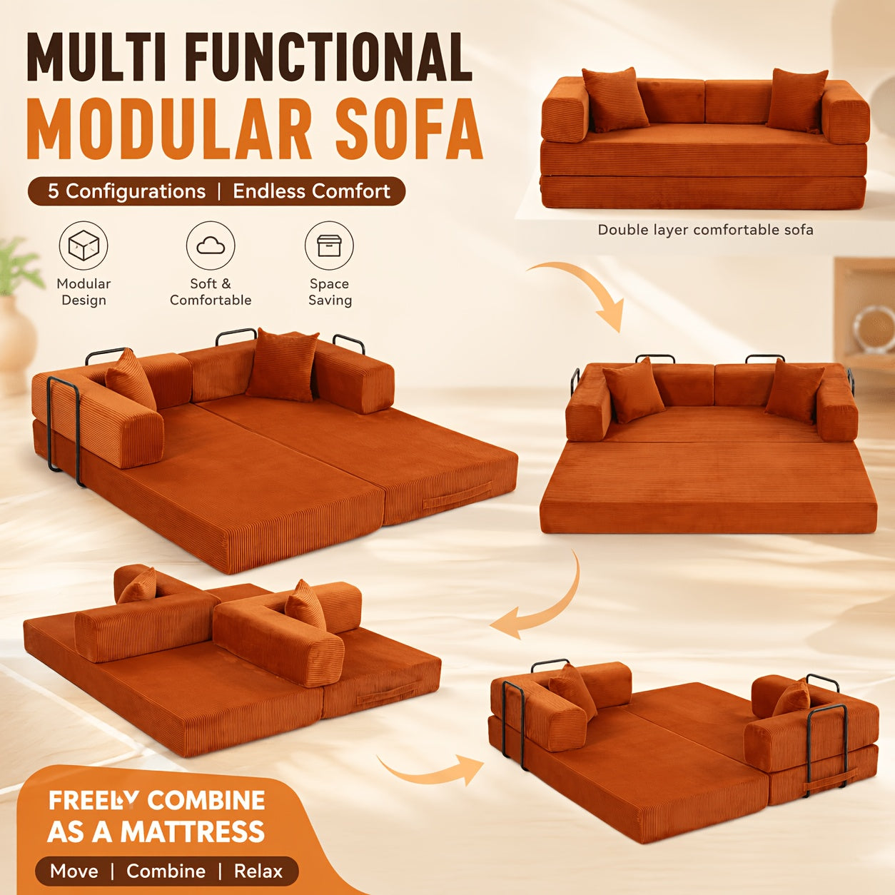Includes 2 Free Cushions 76.38 Inch 10pcs Convertible Compression Sofa Bed, Modular Corduroy Floor Couch, Foldable Sleeper Sofa In A Box, Suitable for Living Room, Bedroom And Apartment.