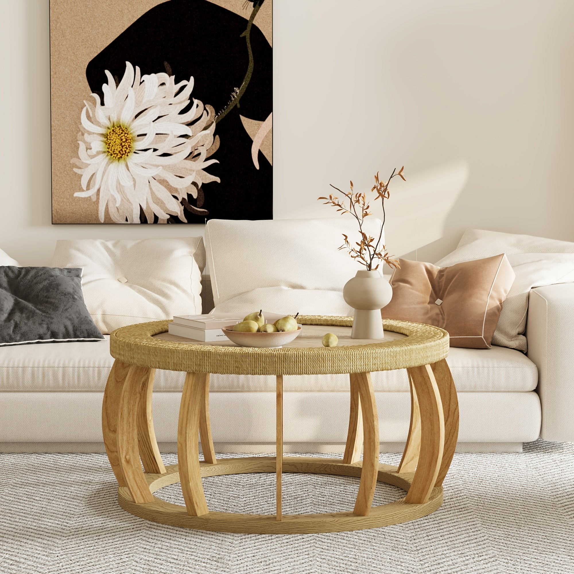 35.43” Vintage Boho Round Coffee Table Suitable for Living Room, Solid Wood & Engineered Wood with Curved Legs, Space-Saving Low-Profile Center Table, Natural, Assembly for Bedroom, Apartment, Rustic Decor