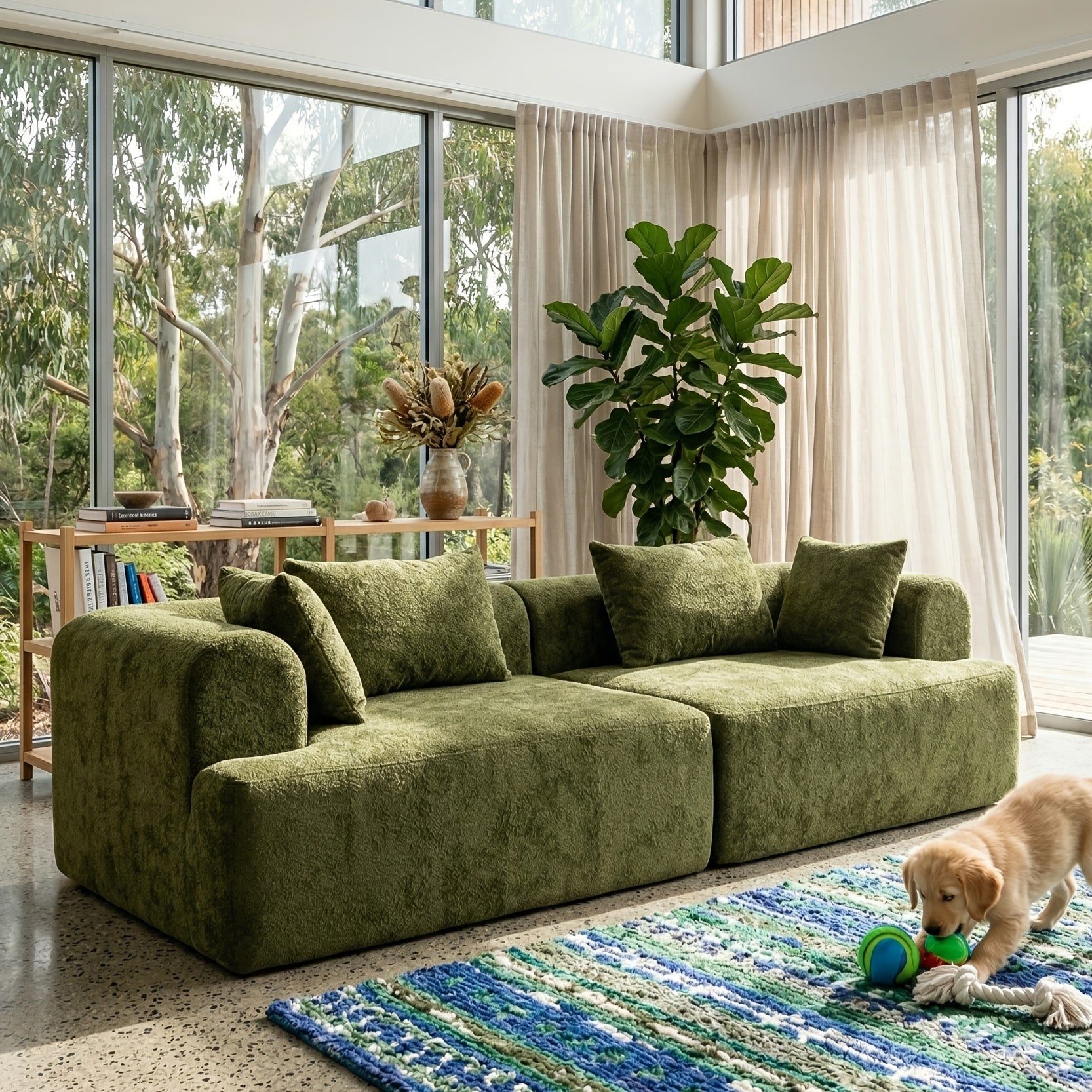 A Contemporary 96-Inch Sofa Without Bones That Offers a Cloud-Like Comfort, Featuring Soft Seating with High Resilience. It Can Be Easily Combined And Rearranged, Made from Skin-Friendly Fabric, Delivered Compressed