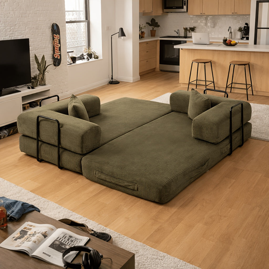 Includes 2 Free Cushions 76.38 Inch 10pcs Convertible Compression Sofa Bed, Modular Corduroy Floor Couch, Foldable Sleeper Sofa In A Box, Suitable for Living Room, Bedroom And Apartment.