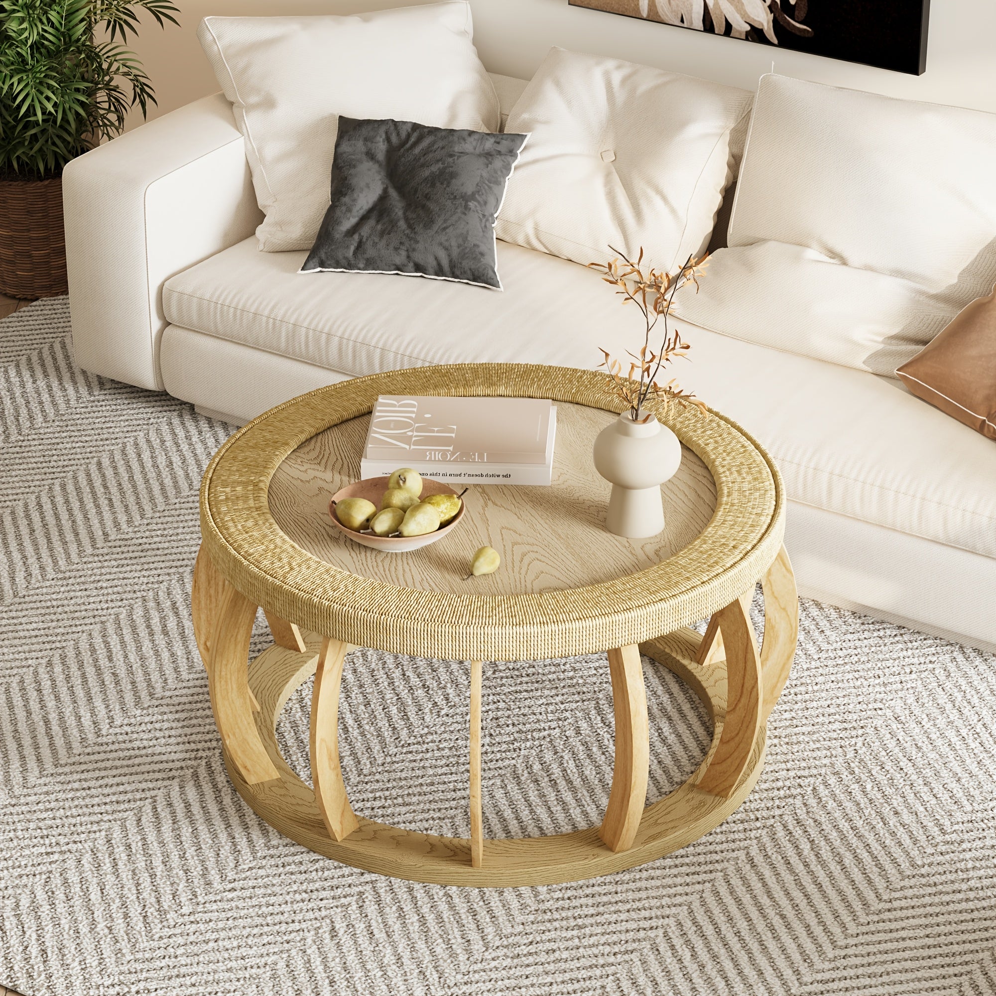 35.43” Vintage Boho Round Coffee Table Suitable for Living Room, Solid Wood & Engineered Wood with Curved Legs, Space-Saving Low-Profile Center Table, Natural, Assembly for Bedroom, Apartment, Rustic Decor