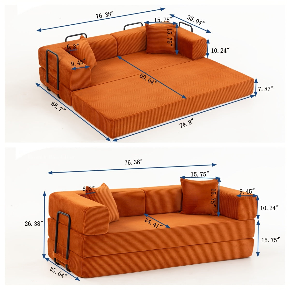 Includes 2 Free Cushions 76.38 Inch 10pcs Convertible Compression Sofa Bed, Modular Corduroy Floor Couch, Foldable Sleeper Sofa In A Box, Suitable for Living Room, Bedroom And Apartment.